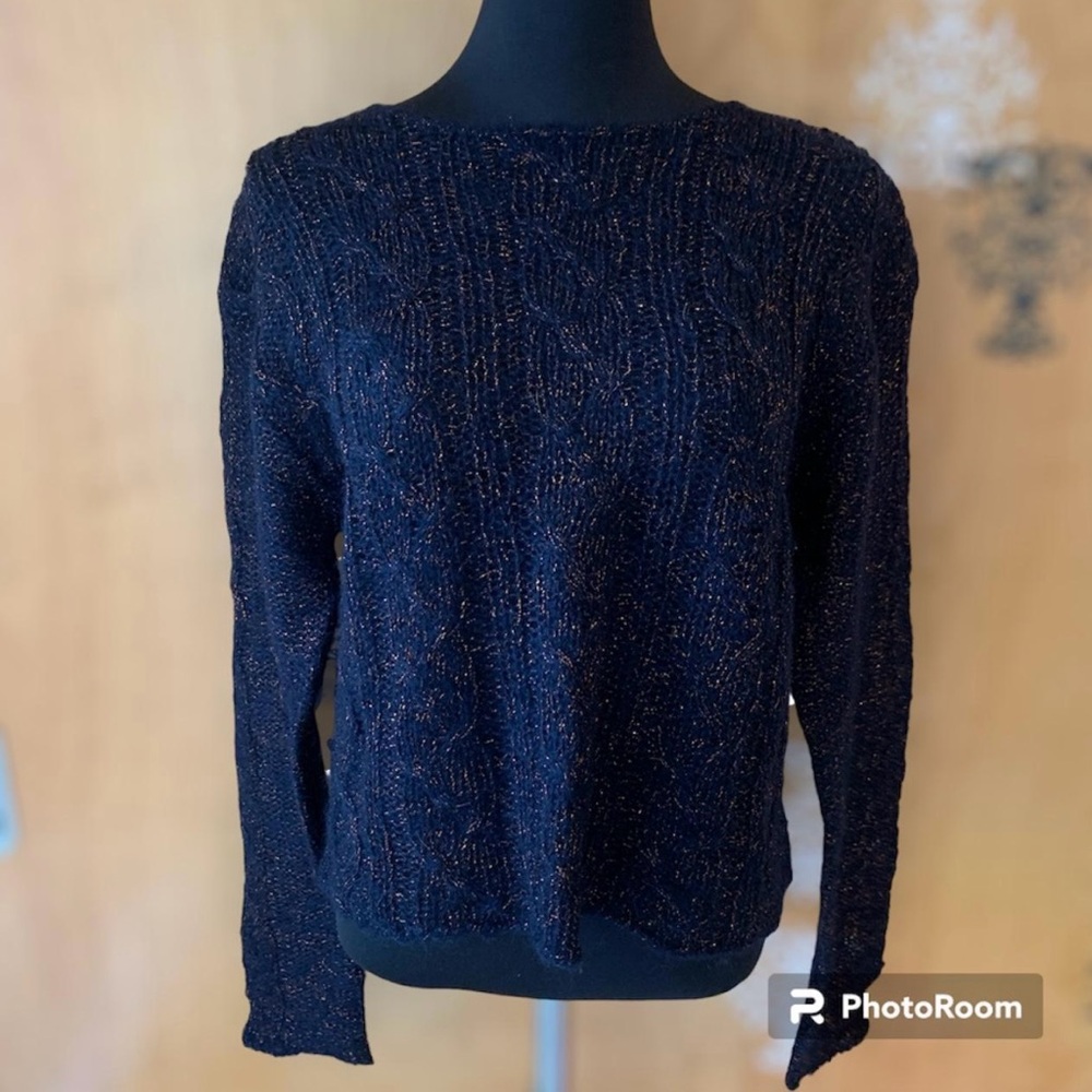 Vintage 90s Cable Knit Long Sleeve Crop Top Sheer Navy Orange Specks Mohair S/M